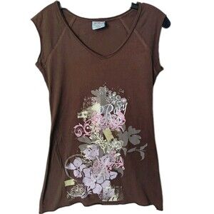 Y2K Roxy Paradise Baby T- Shirt Brown Sz XL Jeweled  Skater Logo Scene Emo Indie